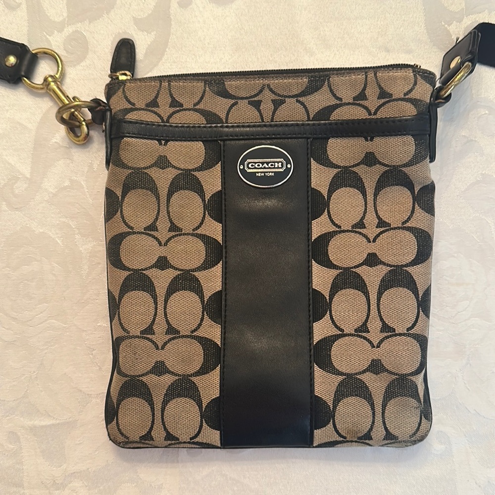 Coach crossbody mini in classic black & taupe w/ leather trim & brass accents
